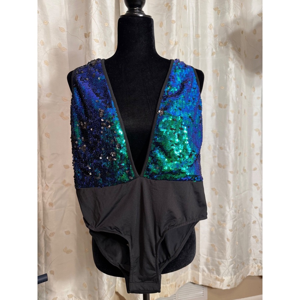 iHeartRaves Sequin Halter Bodysuit Teal Green Blue Mermaid Festival DSJ1185 NEW - Picture 2 of 5